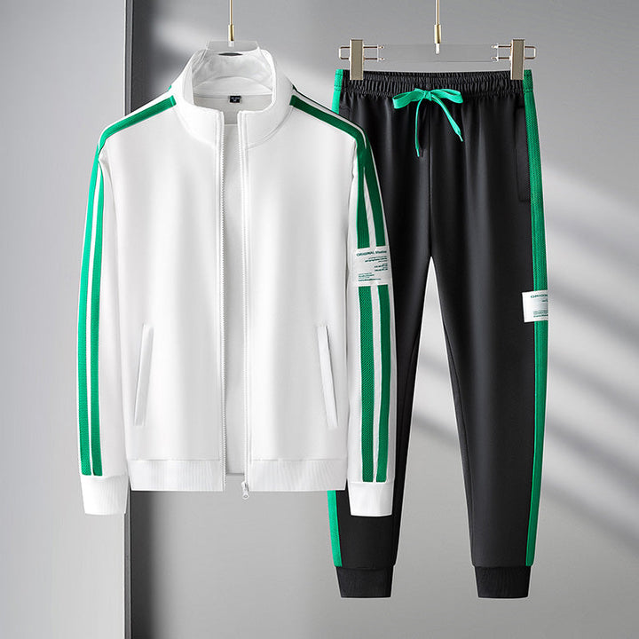 Men's sportswear two-piece tracksuit set, black zip-up jacket and slim-fit jogger pants