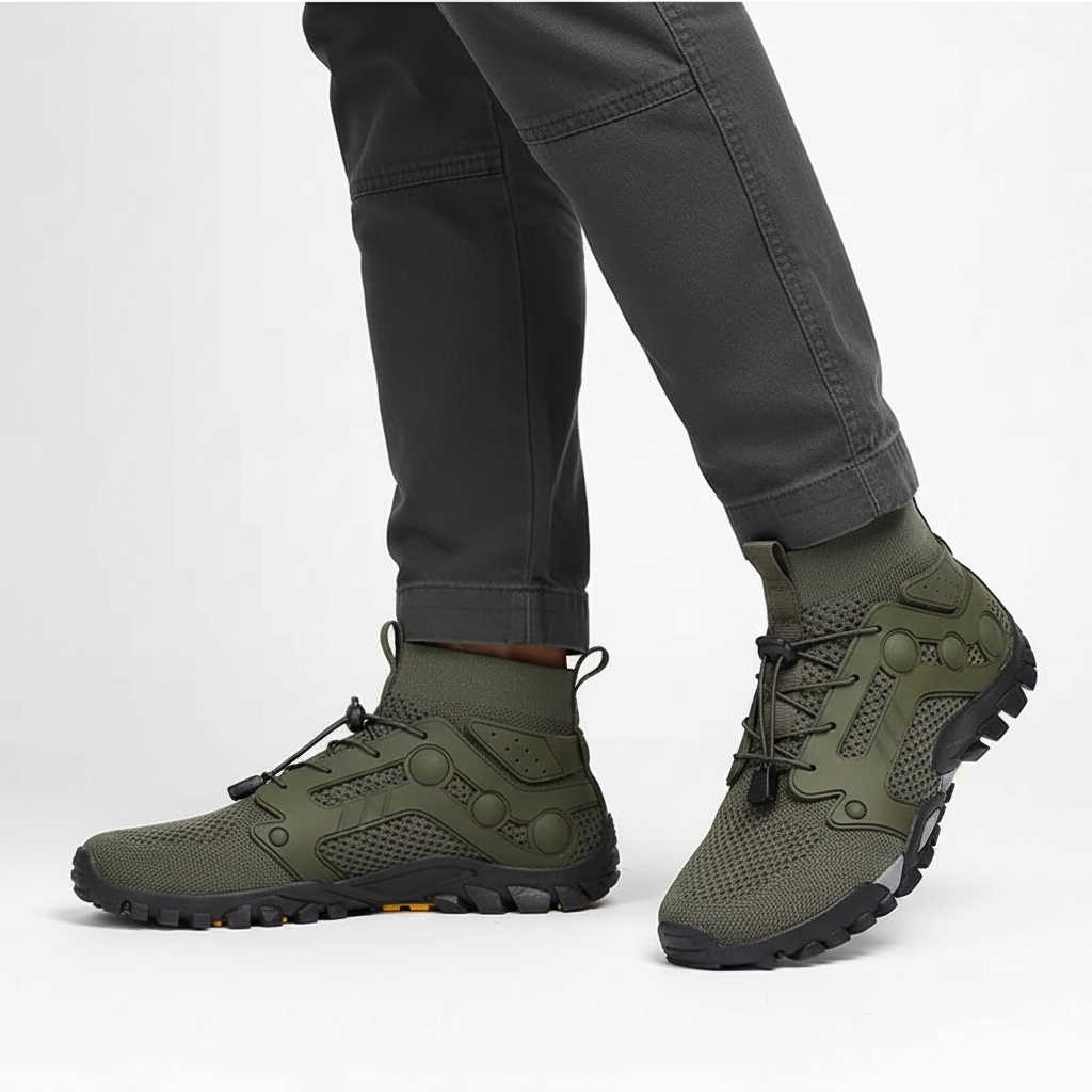 Lightweight men's barefoot high-shaft hiking boots, ideal for trail running & outdoor adventure, non-slip.