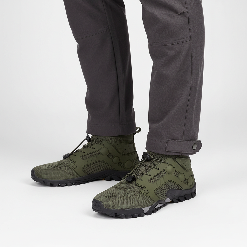 All-weather men's barefoot high shaft hiking boots, designed for outdoor trails, comfort & natural movement.