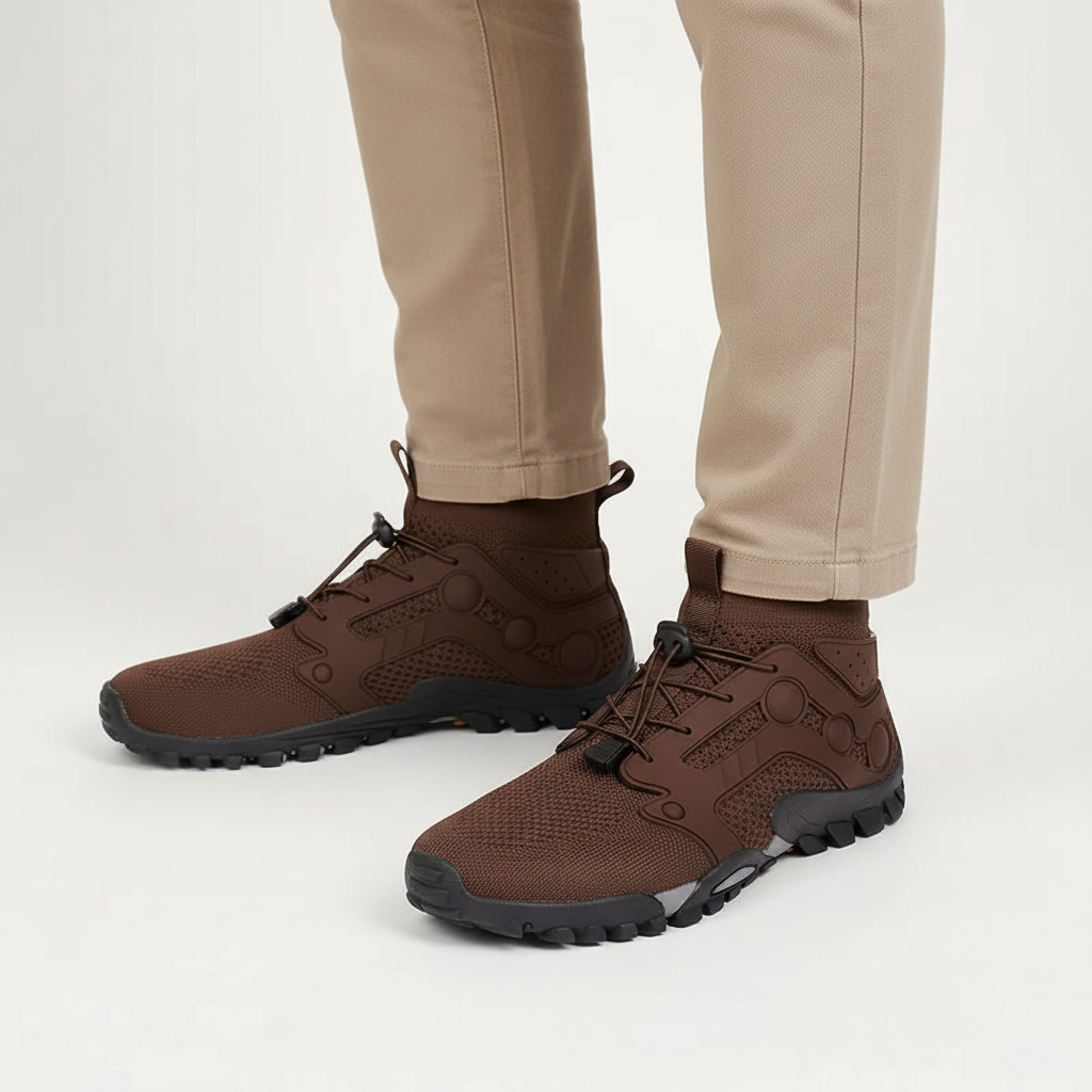 High shaft men's barefoot hiking shoes, offering ankle support & natural ground feel for comfortable adventures.