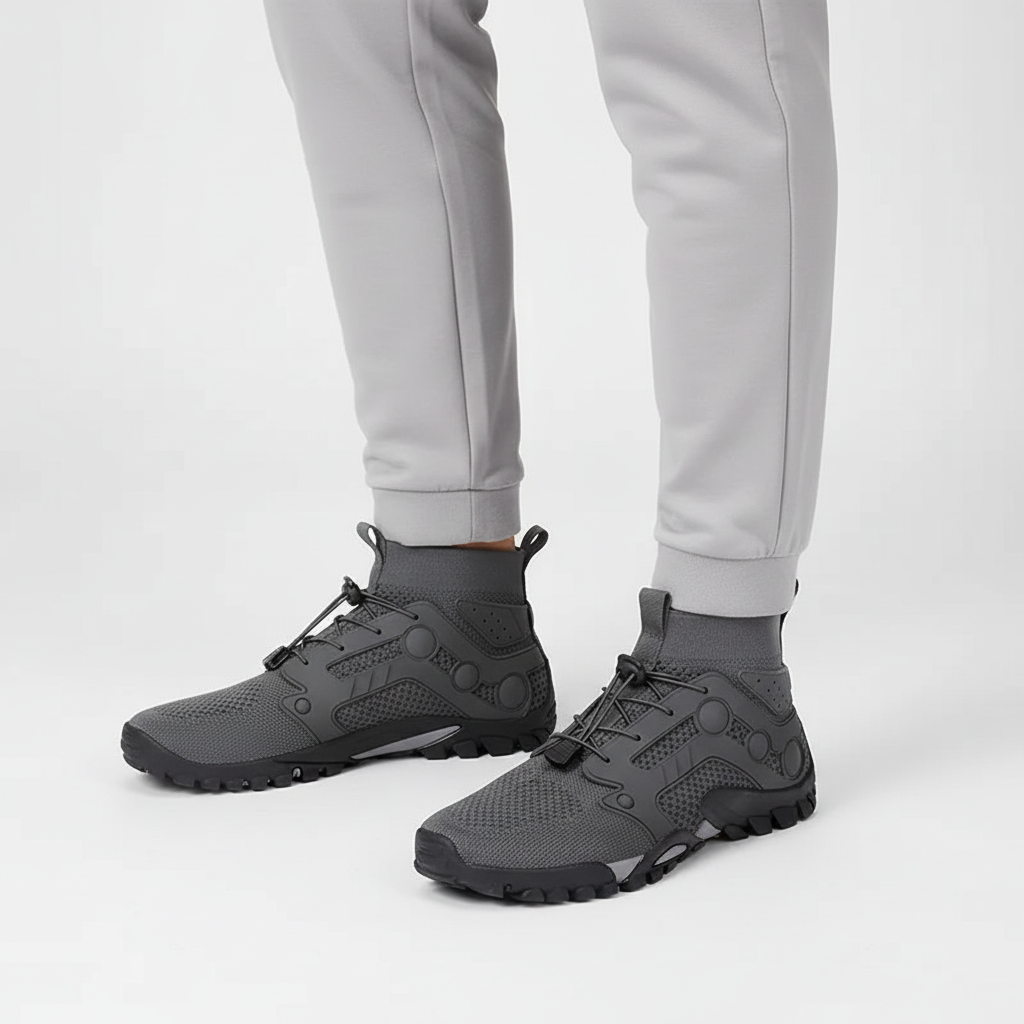 Modern men's high shaft barefoot hiking boots, durable & versatile for outdoor trails, promoting natural movement.