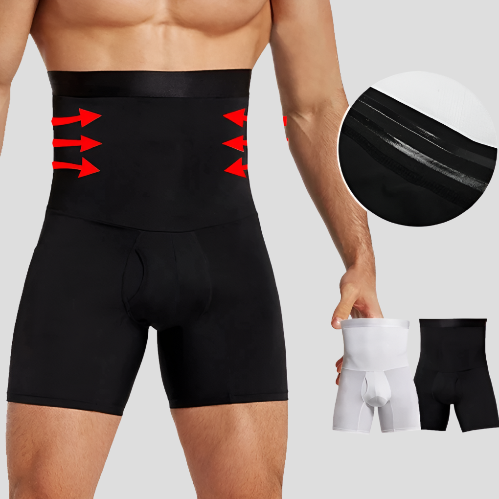 Men's black compression pants offering thigh & waist support, ideal for athletic workouts & performance training.