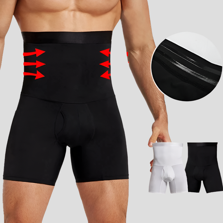 Men's black compression pants offering thigh & waist support, ideal for athletic workouts & performance training.