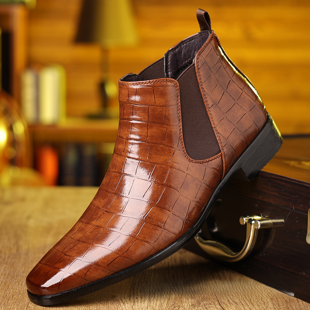 Durable men's luxe croc embossed Chelsea boots. Versatile footwear for both stylish formal & casual outfits.