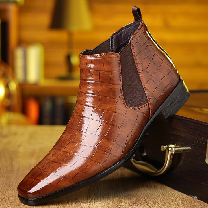 Durable men's luxe croc embossed Chelsea boots. Versatile footwear for both stylish formal & casual outfits.