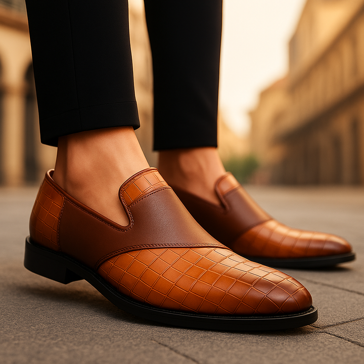 Dark brown textured men's loafers, perfect slip-on dress shoes for formal events.