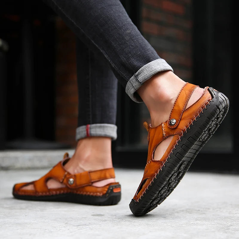 Men's casual footwear: cushioned closed-toe slip-on sandals providing excellent arch support.