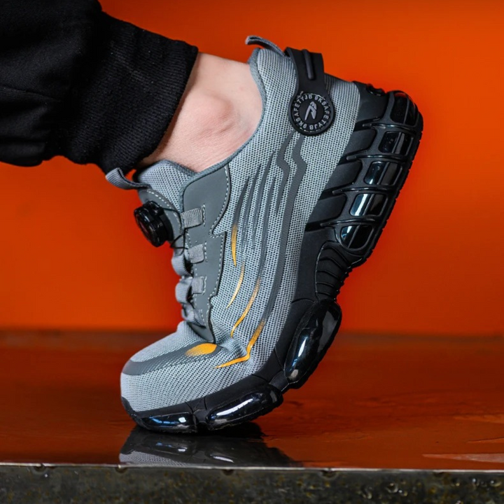 Comfortable men's athletic work sneakers, featuring slip-resistant soles and a quick-adjust dial lace system.