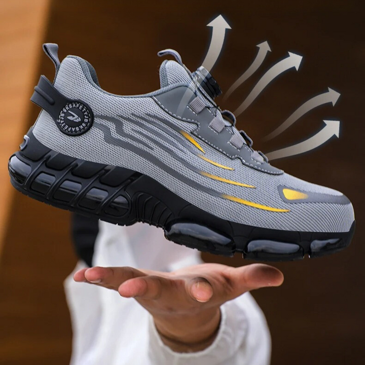 Durable men's slip-resistant work sneakers, ideal safety footwear for hazardous floors, with secure dial lace.