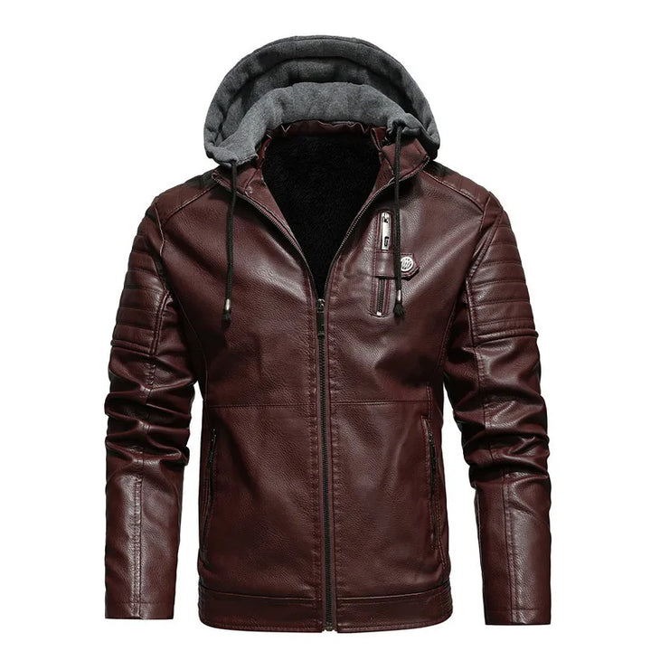 Versatile men's fashion: dark faux leather hooded jacket, fleece-lined for winter comfort