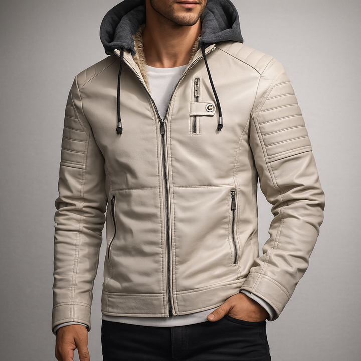 Stylish men's casual hooded jacket, dark faux leather with visible warm fleece inside