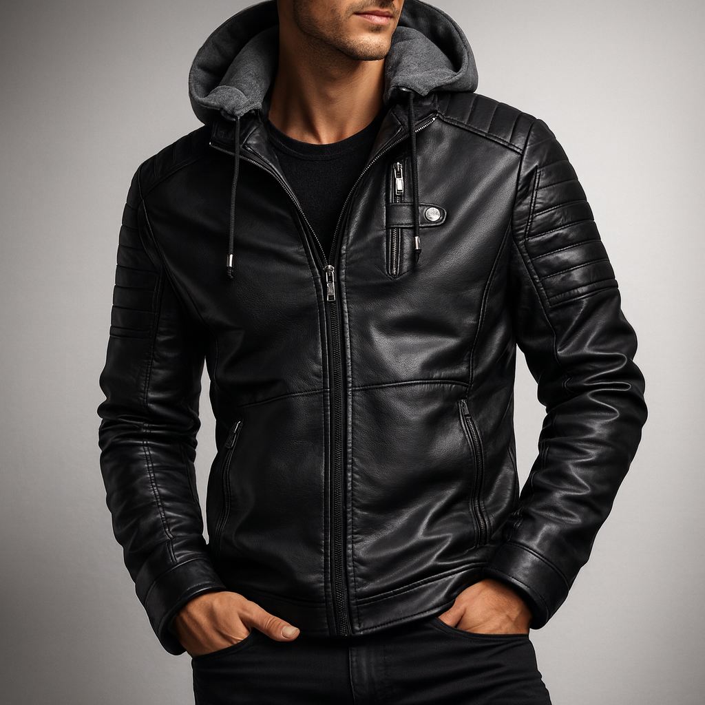 Front view of black men's hooded faux leather jacket, ideal for winter and casual wear