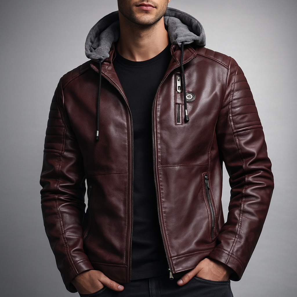 Side profile of men's fleece-lined hooded jacket in faux leather, showcasing modern men's fashion