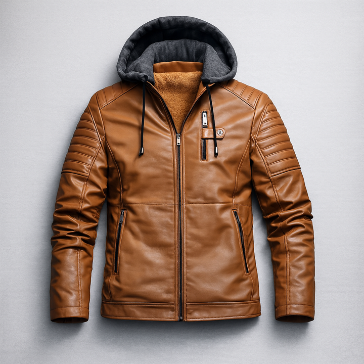 Back view of men's black faux leather winter coat, featuring comfortable hood and lining