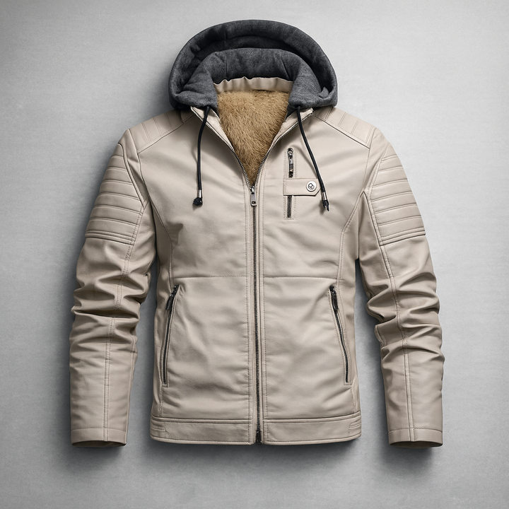 Close-up of the faux leather texture and soft fleece lining on a men's hooded jacket