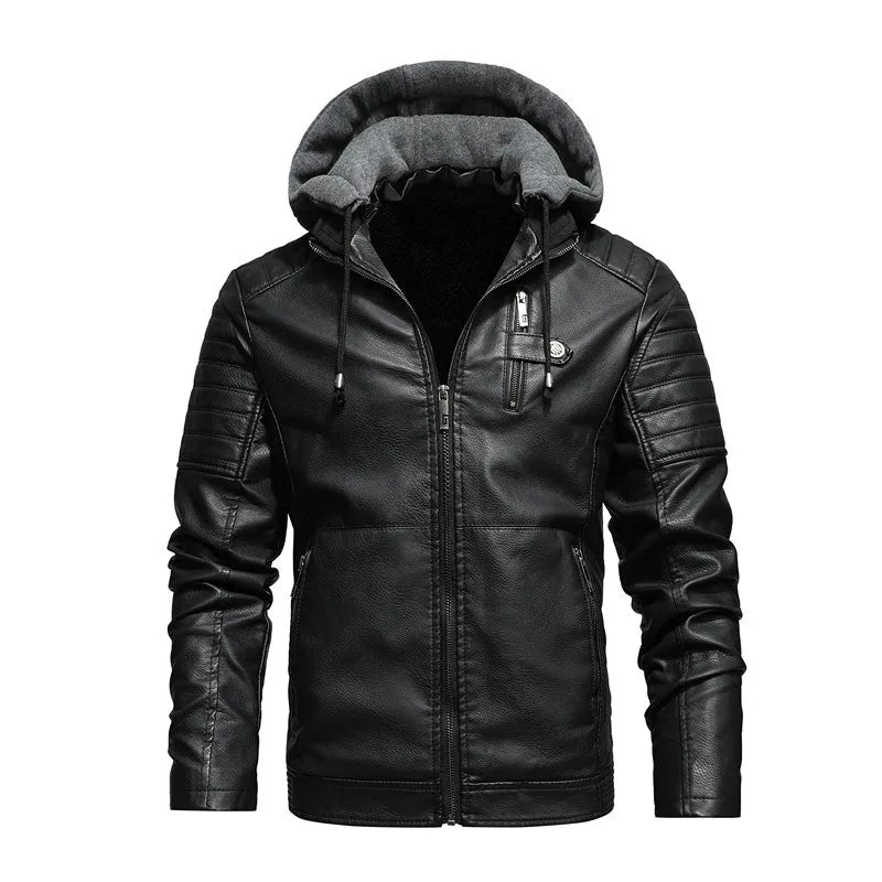 Men's outerwear: hooded faux leather jacket with contrast fleece lining for ultimate warmth