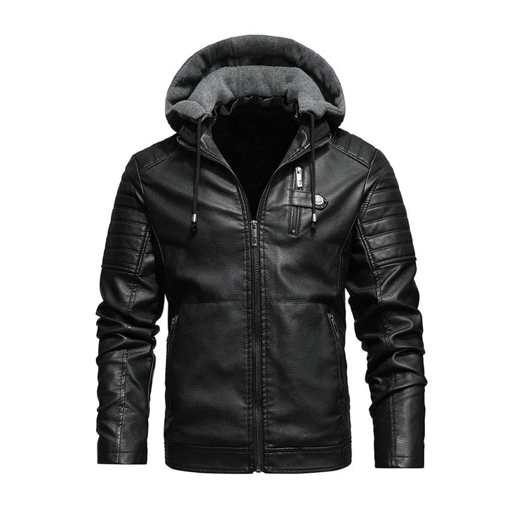 Men's outerwear: hooded faux leather jacket with contrast fleece lining for ultimate warmth