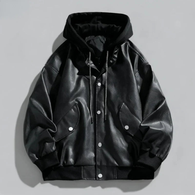 Back view of men's black faux leather hooded jacket, showing hood and smooth material, winter coat
