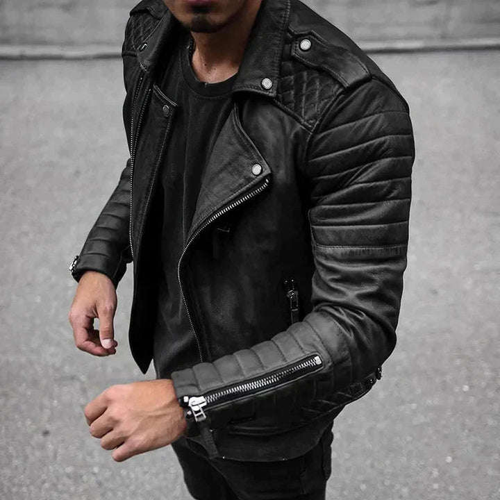 Stylish men's faux leather moto jacket with zippered pockets, perfect for casual outerwear