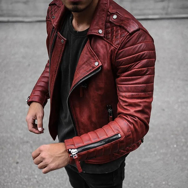 Men's dark faux leather zip-up jacket, 3/4 view, highlighting its modern biker aesthetic