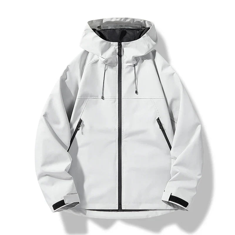 Men's black hooded waterproof windproof shell jacket for outdoor activities, close-up of zipper.