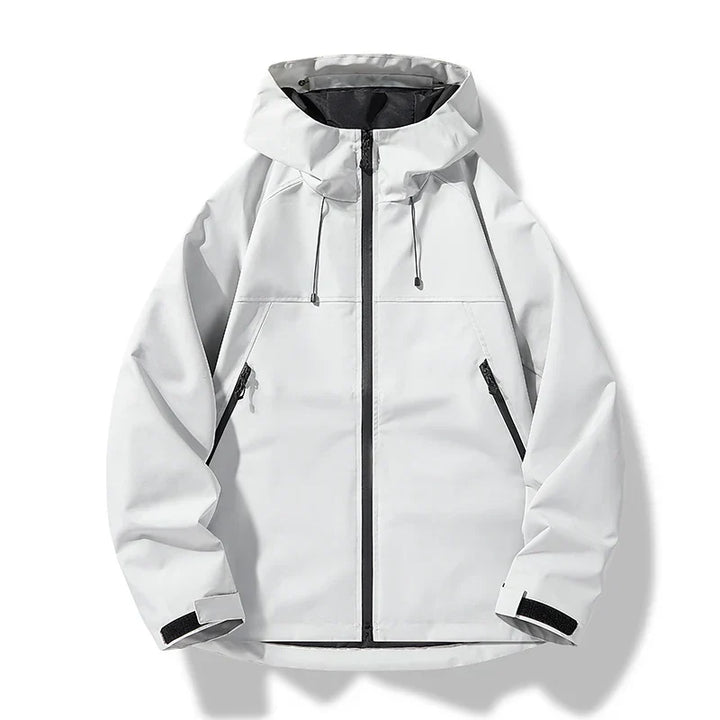 Men's black hooded waterproof windproof shell jacket for outdoor activities, close-up of zipper.