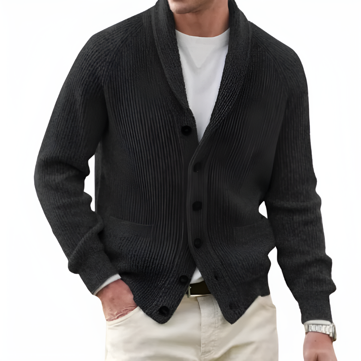 Men's black knit shawl collar button-front cardigan with patch pockets. Versatile men's fashion for layering.