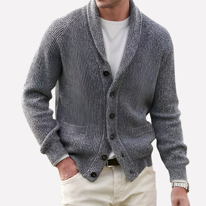 Versatile men's black button-front cardigan with elegant shawl collar & patch pockets. Comfortable casual sweater.