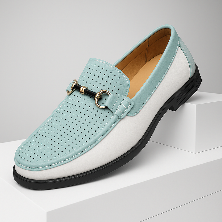 Close-up of perforated detail on men's leather bit loafers, perfect for summer