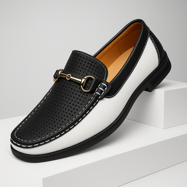 Top view of men's dressy perforated leather loafers with metal bit detail