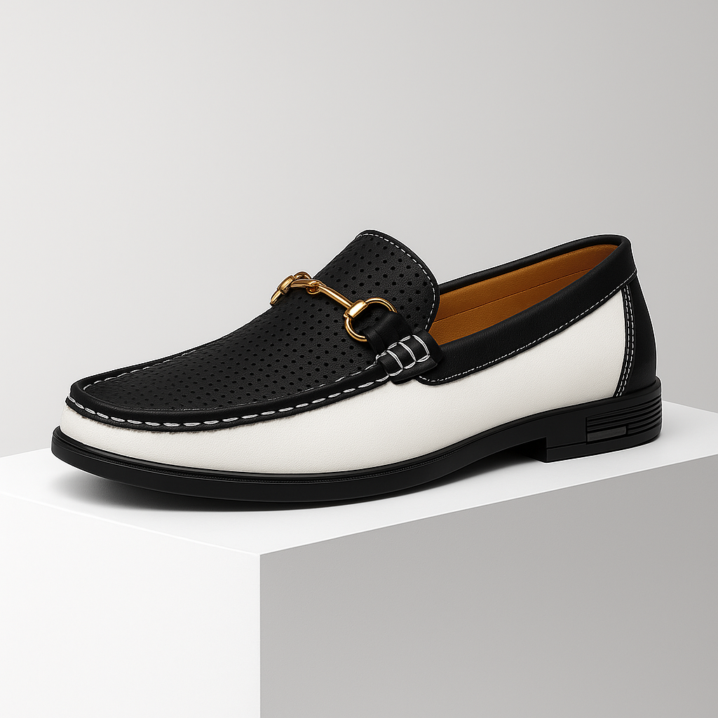 Lifestyle image of men's bit loafers paired with smart casual attire