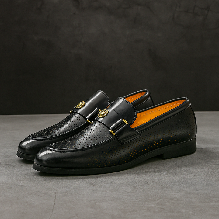 Full shot of men's dressy slip-on loafers in navy blue, perfect for comfortable and fashionable attire.