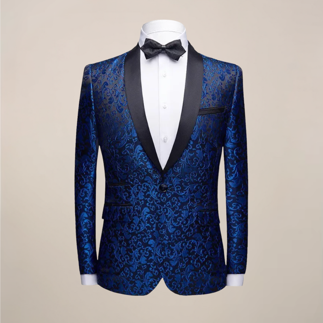 Men's black slim fit tuxedo blazer for formal events, weddings & galas. Elegant evening wear.