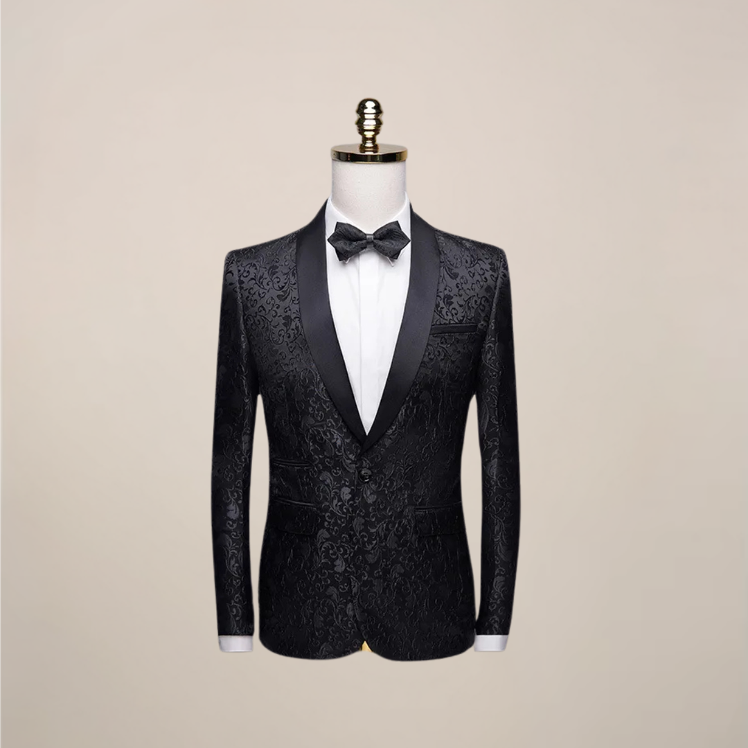 Full shot of men's slim fit tuxedo blazer, showcasing sleek design & formal evening wear style.