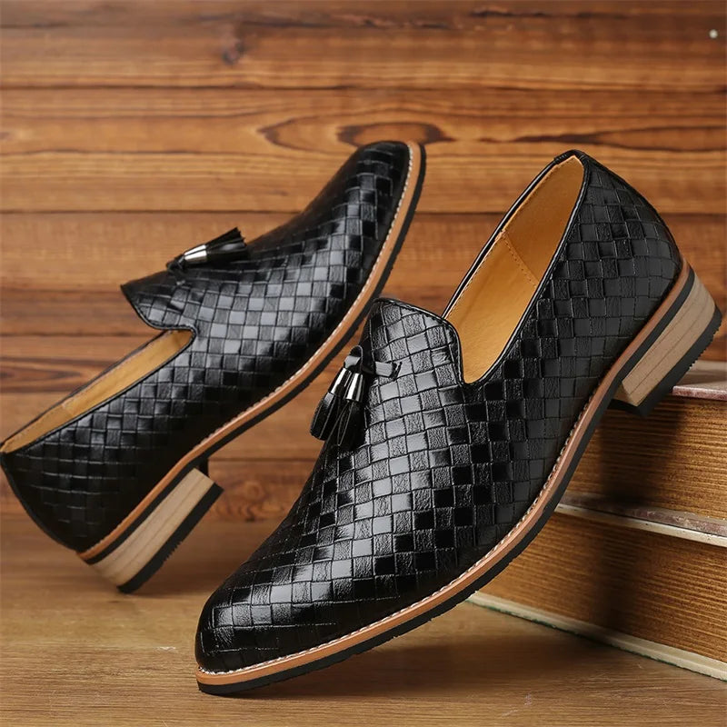 Men's smart casual shoes: textured black tassel loafers, perfect for adding flair to an outfit