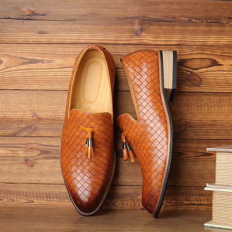 Men's textured tassel loafers displayed in a set, showcasing color options and design