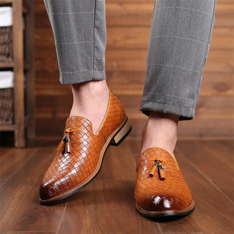 Modern men's fashion: detailed texture on classic tassel loafers, combining comfort and style