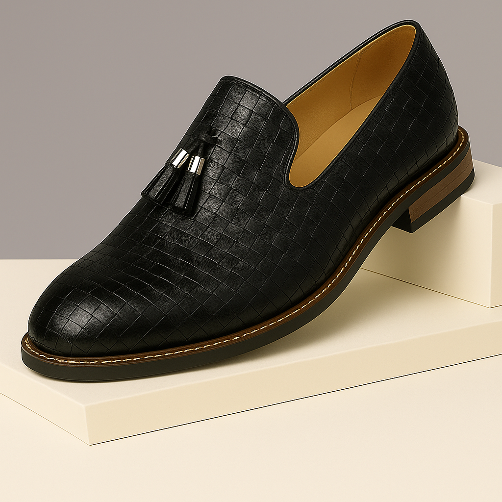 Stylish men's tassel loafers in a rich brown textured material, perfect for smart casual outfits