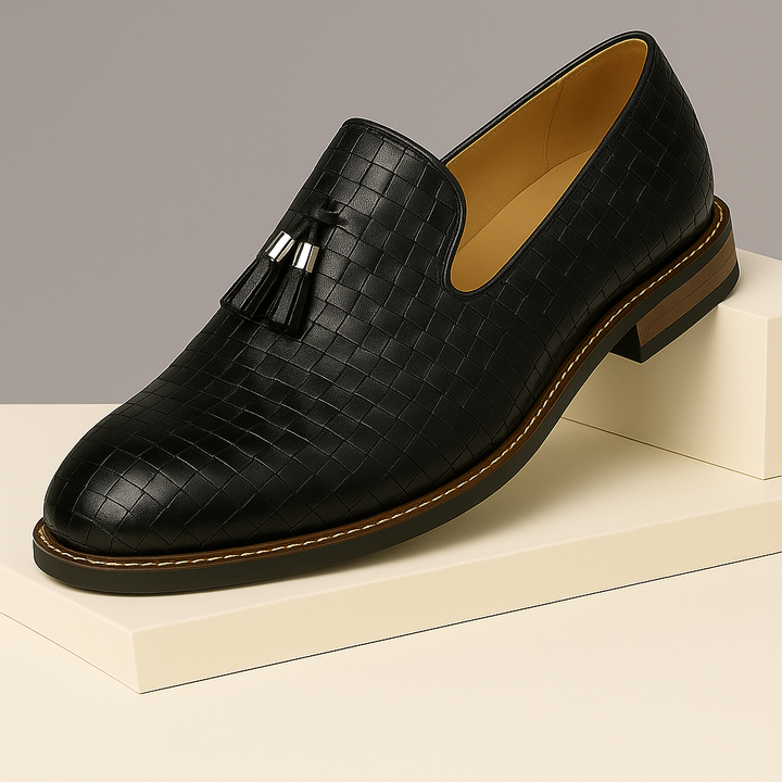 Stylish men's tassel loafers in a rich brown textured material, perfect for smart casual outfits
