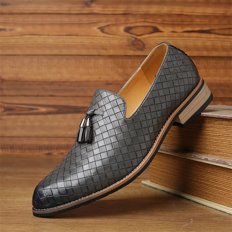 Side view of men's dress shoes, textured tassel loafers with a comfortable fit