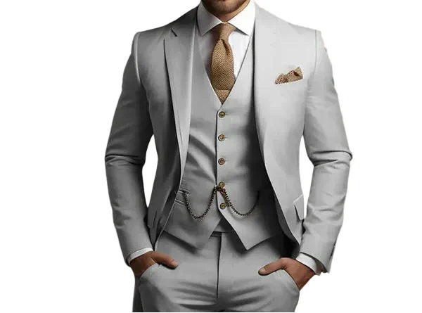 Elegant beige men's three-piece suit, slim fit for a sophisticated wedding or formal party look.