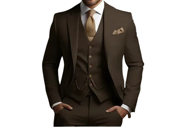 Tailored men's slim fit three-piece suit, ideal formal wear for weddings, business, or special occasions.