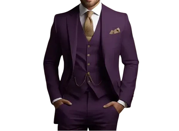 Classic men's three-piece slim fit suit, versatile formal wear for weddings, proms, & business.