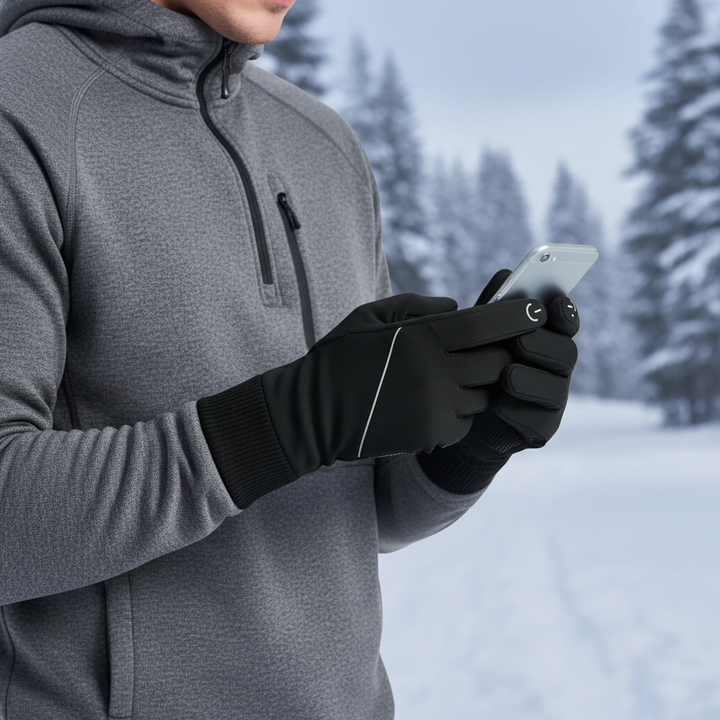 Men's black touchscreen winter gloves for cold weather. Keep warm & connected outdoors.