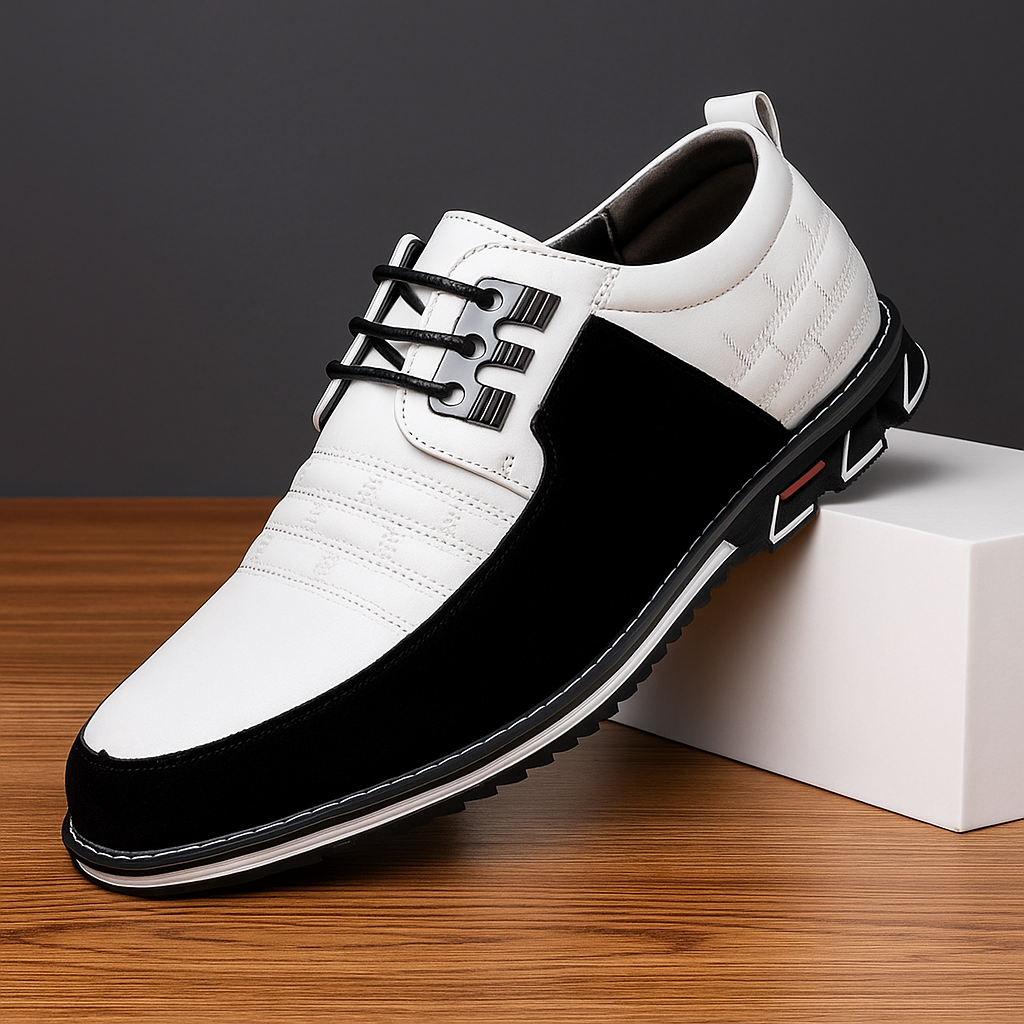 Comfortable men's vegan leather oxfords, featuring a unique woven hybrid design, ideal for dress or casual wear.