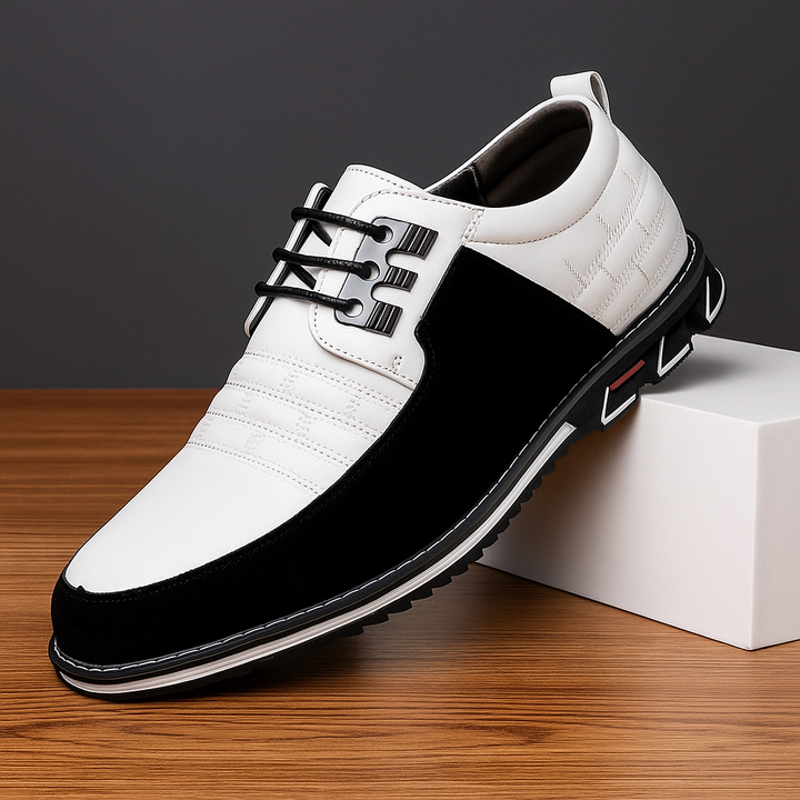 Comfortable men's vegan leather oxfords, featuring a unique woven hybrid design, ideal for dress or casual wear.