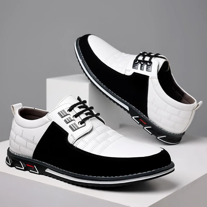 Durable men's vegan leather oxfords, designed as a hybrid dress and casual shoe with a woven finish.