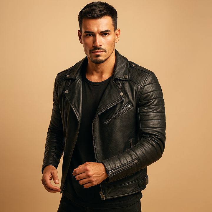 Men's black waterproof biker jacket, wind resistant, ideal for all seasons and casual outdoor wear.