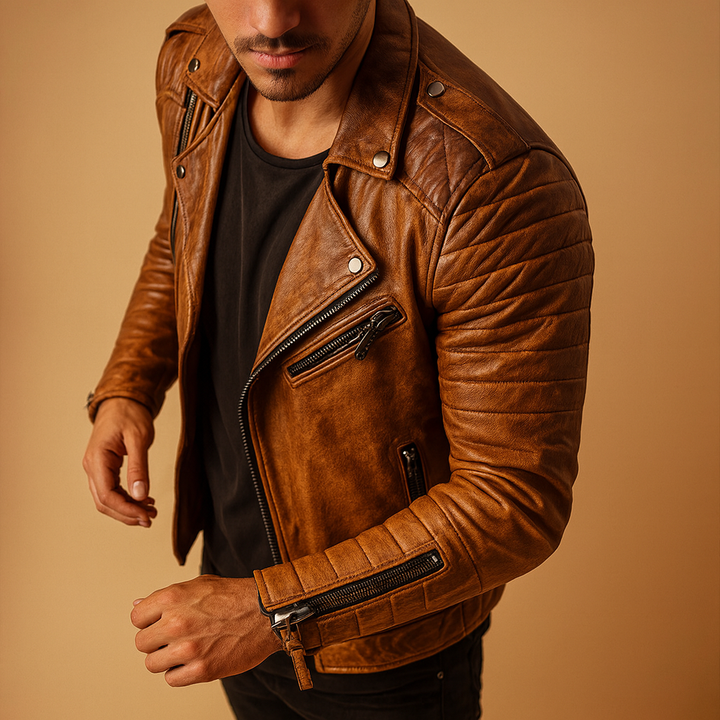 Durable men's waterproof biker jacket in black, offering wind resistance for winter, fall, and rainy weather.