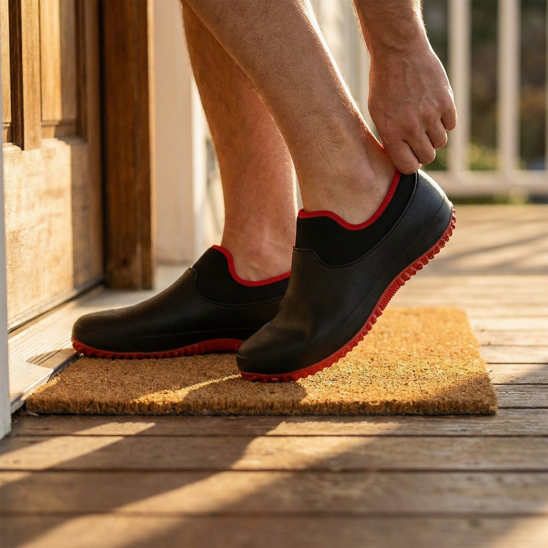 Blue men's slip-on waterproof work shoes. Durable, non-slip, easy-wear safety footwear for outdoor work.